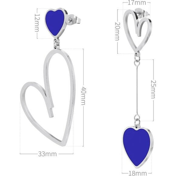 Women Silver Blue Linawe Stainless Steel Asymmetrical Heart Dangle Drop Earrings - Picture 6 of 7